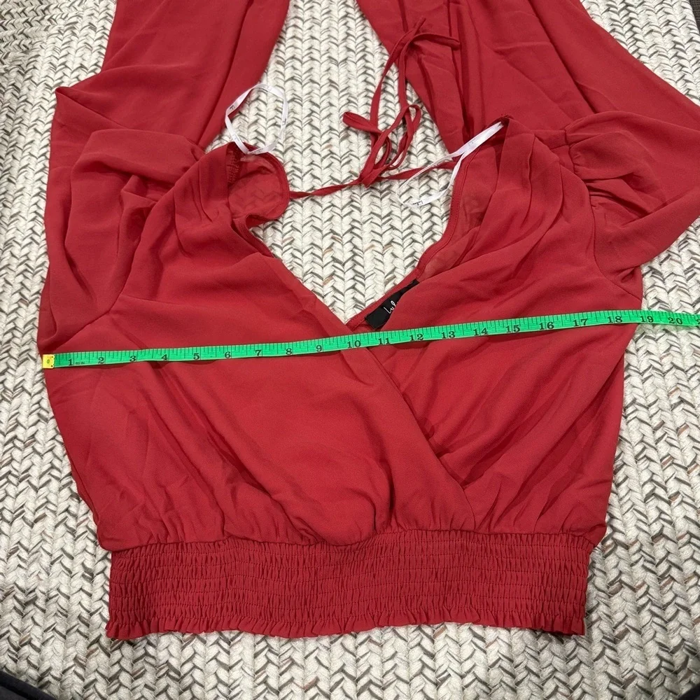 NWOT Lulus Loving Aura Coral Red Smocked Long Flutter Sleeve Top - Picture 7 of 8
